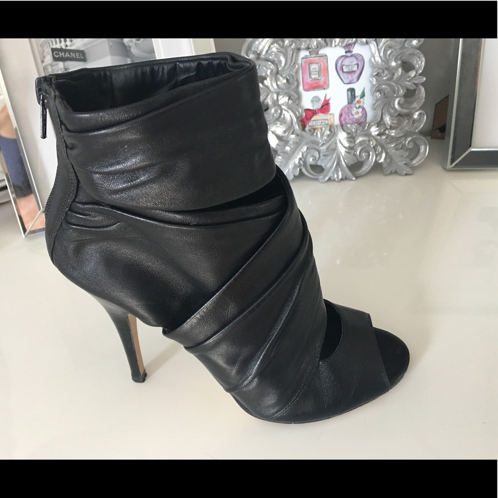 Black open toe heeled booties back zip